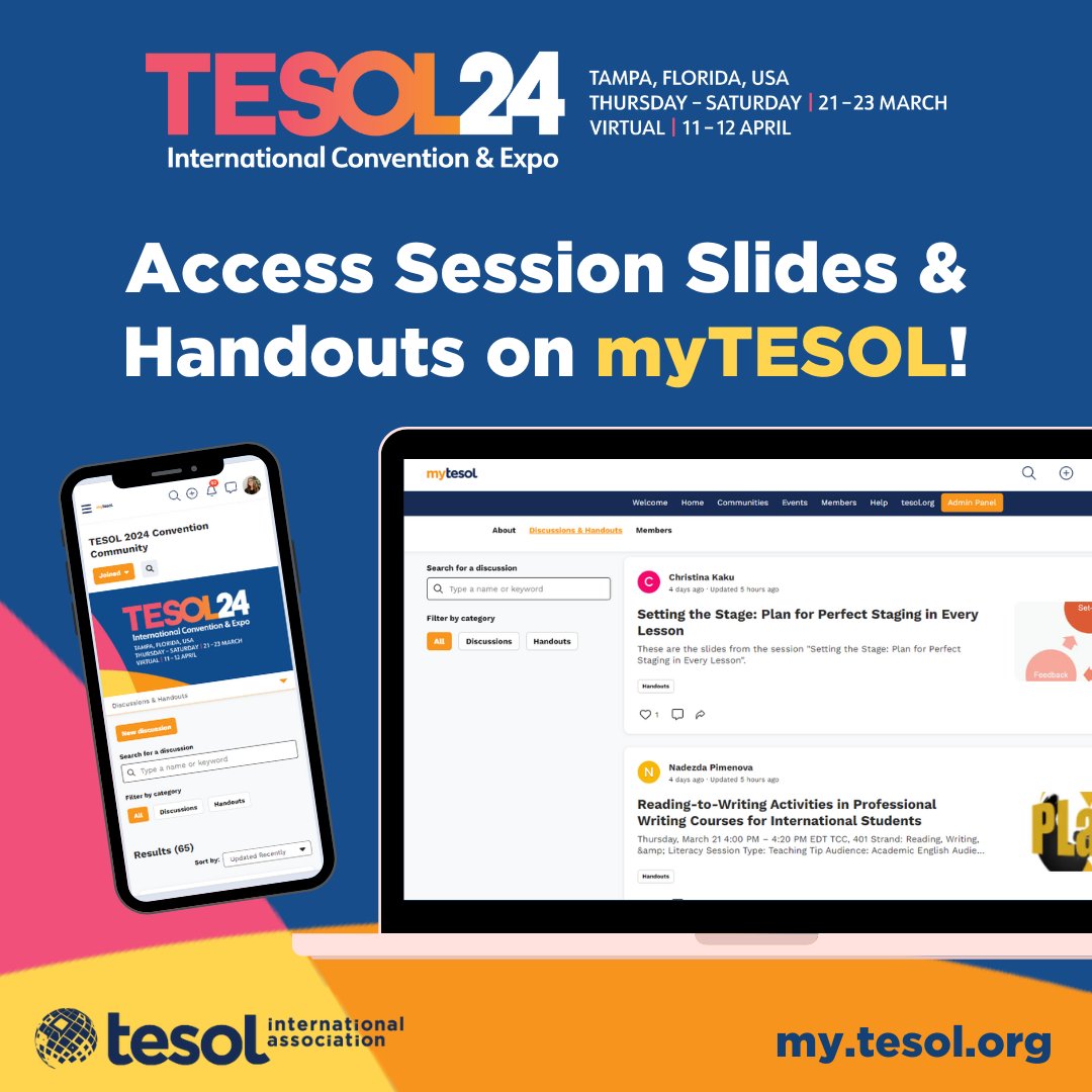 #TESOL2024 convention attendees! You can access session slides, handouts, and other presentation materials in the TESOL 2024 Convention Community on myTESOL.