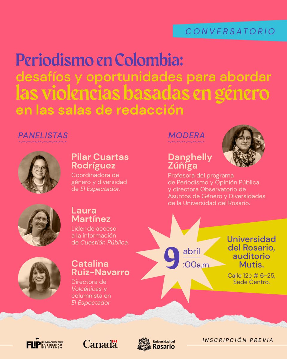 🔔Recuerda que junto con @CanadayColombia y @URosario realizaremos nuestro conversatorio gratuito el 9 de abril. Contaremos con panelistas destacadas y una conversación crucial sobre las violencias de género en las salas de redacción. ¡Inscríbete! 👇🏾 urosario.edu.co/eventos/escuel…