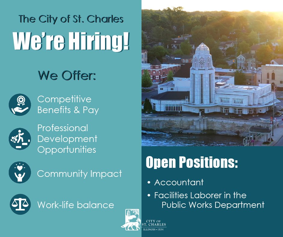 Spring into a new career and come work with us! We have these new job opportunities: 1) Accountant - Salary range: $73,774 - $103,283 2) Facilities Laborer - Salary range: $28.79 - $38.38/hr. Details and apply at stcharlesil.gov/jobs