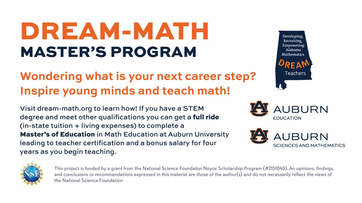 Find the answers you need at the DREAM-Math information session on April 8. Act now — applications are due April 15! Visit dream-math.org for all the details. #auburncollegeofeducation