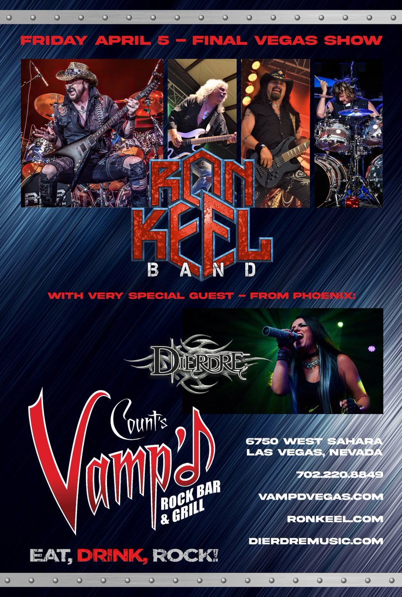 Friday April 5! Ron Keel Band live at Count's Vamp'd ! Special guest Dierdre Grab tickets ! 
eventbrite.com/e/ron-keel-ban…
 @RonKeel @VampdVegas