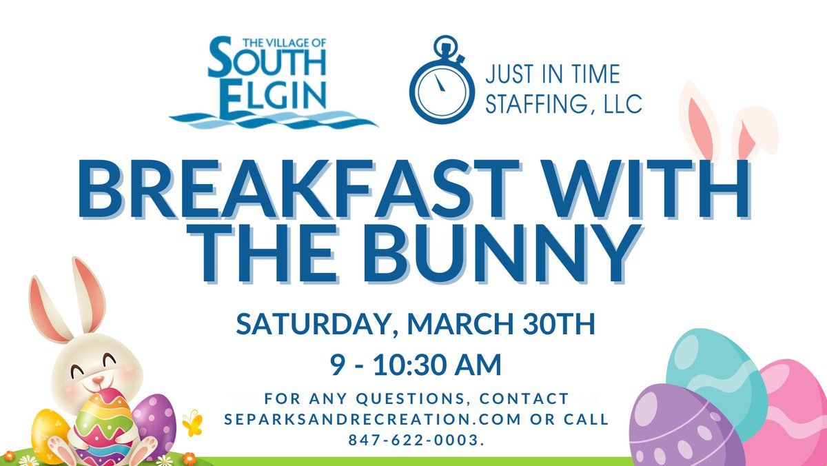 Breakfast with the Bunny 
Just In Time Staffing is excited to be a sponsor of the upcoming Breakfast with the Bunny event on Saturday at the Village Squire. The event will be a great opportunity for families to create lasting memories
 #EasterFun #ElginIL #ILActivities #ILJobs