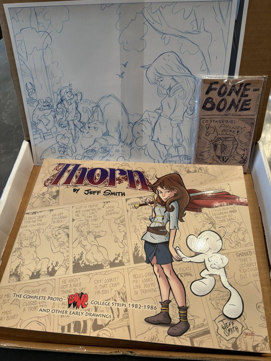 Awesome #Kickstarter mail day—got this BONE college strip collection from @jeffsmithsbone @cartoonbooksinc with some great prints and a mini comic! Excited to read it this weekend…! Looks great, Jeff!