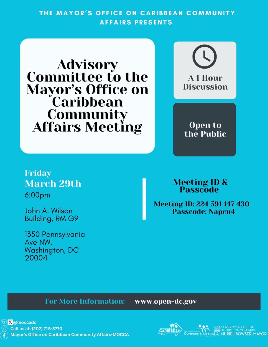 Caribbean Washingtonians,
 
Join us for the Public Safety ACOCCA Public Meeting. Introducing the members of the new Sub-Committees, having a presentation on the SecureDC& information on camera programs. 

🗓️: 3/29
⏰: 6:00
📍: John Wilson Building
 Online: tinyurl.com/2k67xsv5
