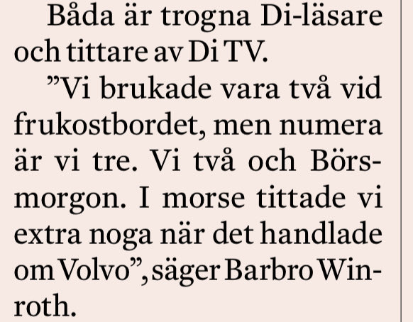 Den här kommentaren från en läsare utanför Volvostämman i dag är väldigt talade för vilken succé Börsmorgon är. Ni ska vara så stolta <a href="/nikemekibes/">Nike Mekibes</a> <a href="/MLundberg_/">Madeleine Lundberg</a> <a href="/EkonomiGabriel/">Gabriel Mellqvist</a> <a href="/alexanderklaar/">Alexander Klaar</a> med flera!