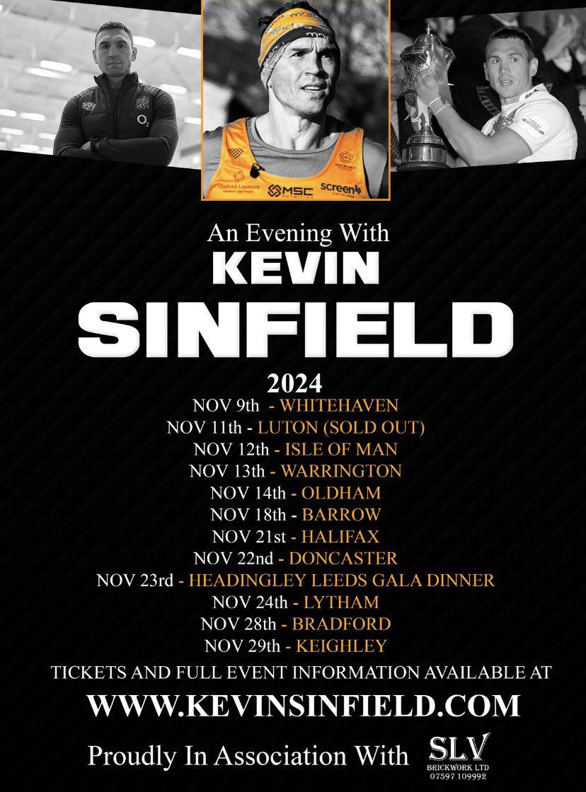 Sport on Tour presents Sir Kev All live now at kevinsinfield.com (except Warrington) We are privileged to be hosting these events. They follow JT, Mal, Wally, Sterlo, Wayne Bennett, Joey, Freddie, the Hull Kiwis and many more. See what’s planned via the link. Please RT x