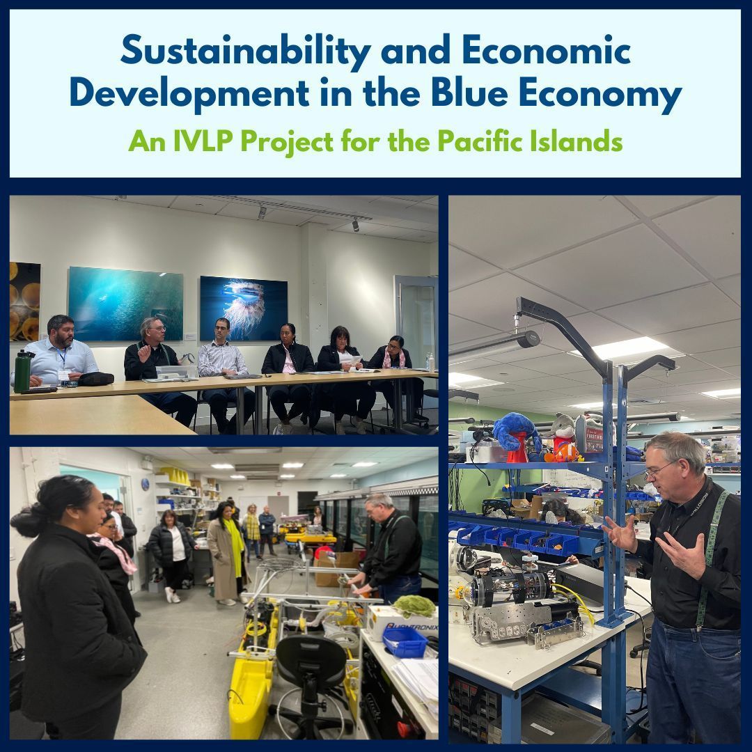 Last week, we hosted a @StateIVLP delegation from the Pacific Islands focused on 'Sustainability and Economic Development in the Blue Economy.' While here, the group met with @MITSeaGrant for a tour and to discuss the role of universities in the blue economy. (1/2)