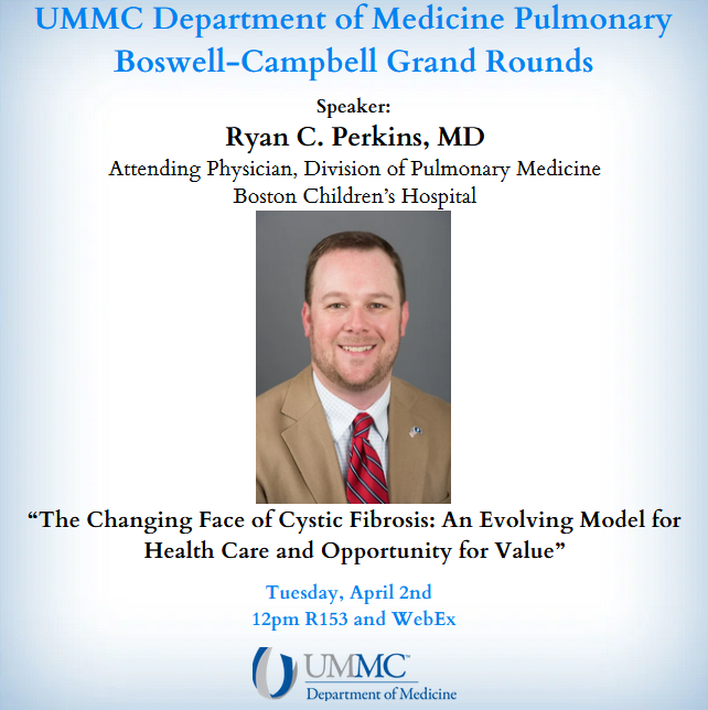 Department of Medicine Grand Rounds Tuesday, April 2nd at noon, Dr. Ryan Perkins will be presenting 'The Changing Face of Cystic Fibrosis: An Evolving Model for Health Care and Opportunity for Value' R153 and WebEx umc.webex.com/umc/j.php?MTID…