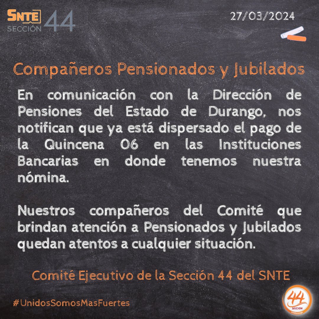 #SNTESeccion44🟠 
#UnidosSomosMasFuertes💪🏼
#VamosPorElDespegueSalarial  #VamosPorVivienda #VamosPorLosSeguros

🗞️Información importante para nuestros compañeros Pensionados y Jubilados 🔈