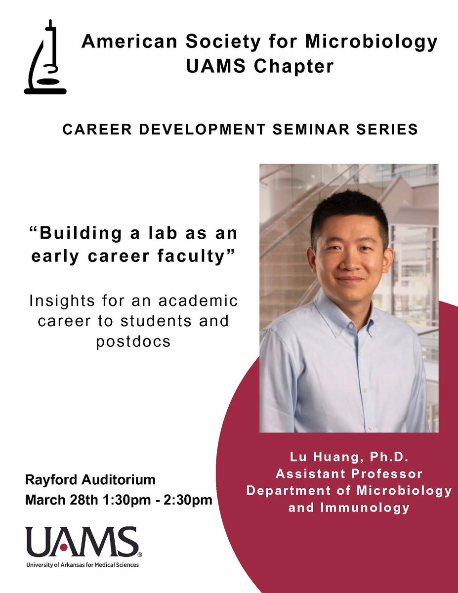 ASM UAMS Chapter Career Development Seminar tomorrow at 1:30PM. Organized by @hetyboi and @Lucyfryyy. @immcells from UAMS Microbiology and Immunology department