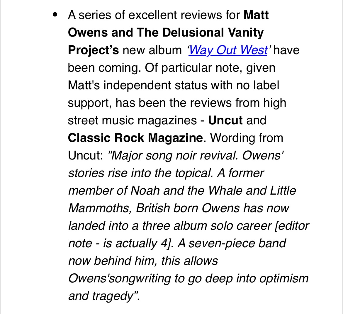 Thanks for the support & name check @TheAMAUK in the weekly round up! V much appreciated. @blackdeerfest @uncutmagazine @ClassicRockMag @AtTheHelmPR @GreenNote @jimgodfrey2020 @thegrapesbath @noahandthewhale @AnotherPlanetMu @songsbyhannah @RobVincentMusic