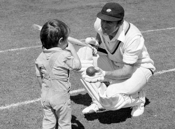 A lovely shot of Geoffrey Boycott playing with David Bairstow's son, Andrew, before going out to bat for Yorkshire against Hampshire at Portsmouth on August 6th 1978. Andrew played four matches for Derbyshire in 1995