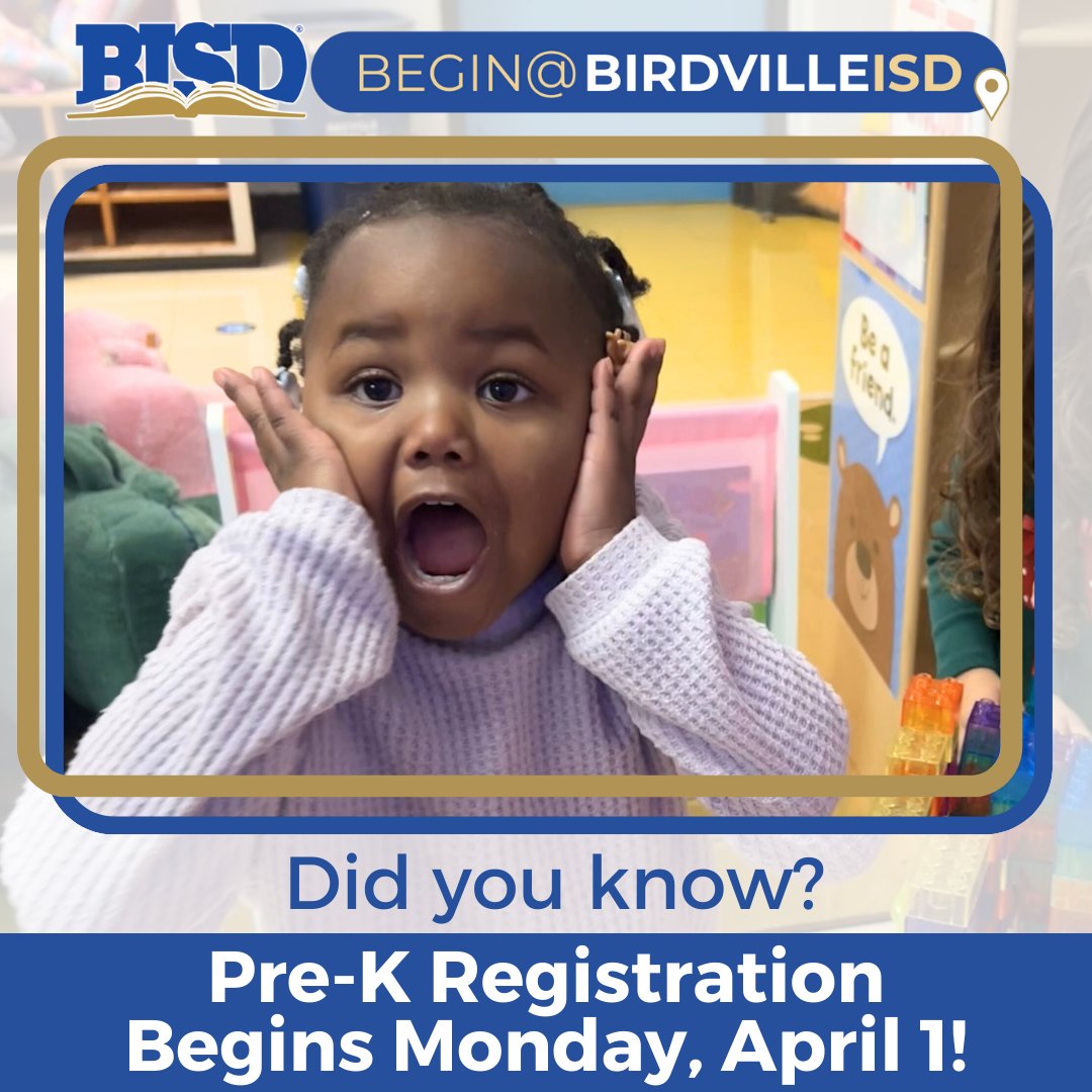 Did you know???? Pre-K Registration Begins Monday April 1! Visit choosebirdville.net for more information. #thisismybirdvilleisd
