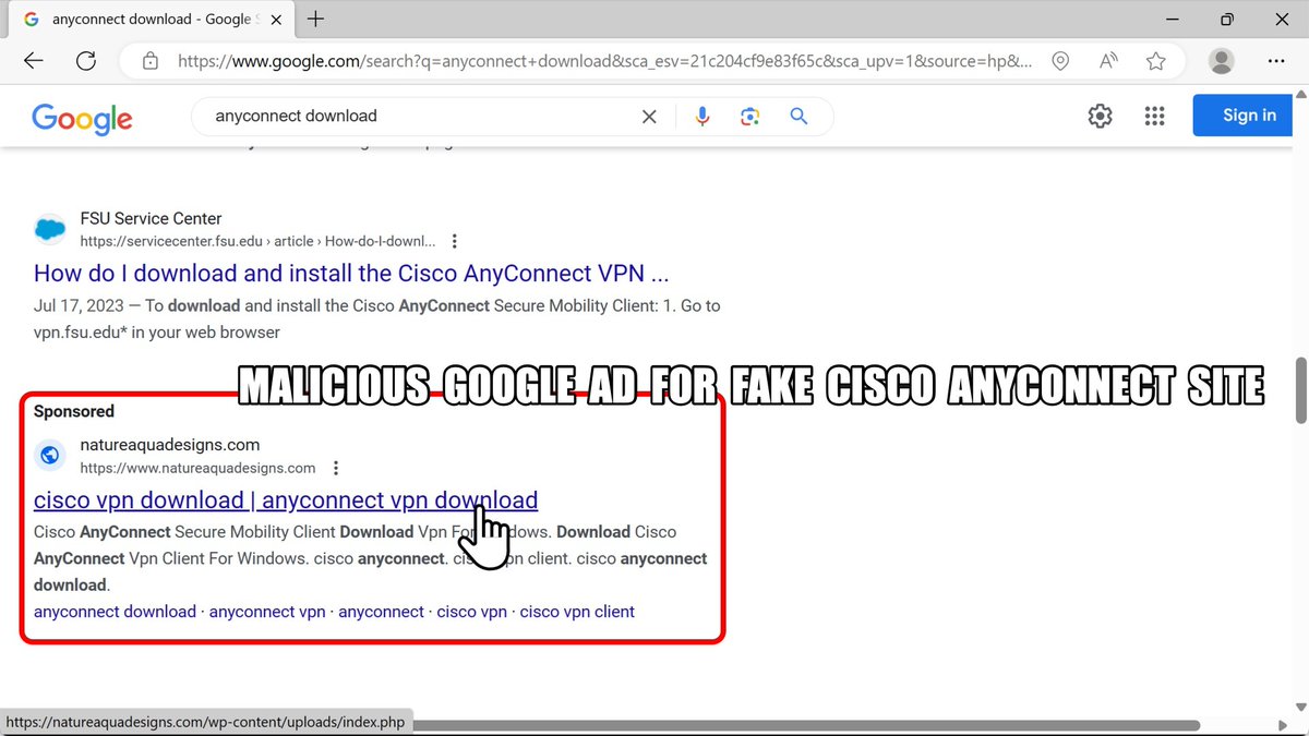 Unit42_Intel's tweet image. 2024-03-27 (Wednesday): With the recent rise in malicious Google ads impersonating legitimate software, today we found one leading to a fake Cisco AnyConnect page pushing #NetSupportRAT. Indicators available at bit.ly/49mdPzG

#Unit42ThreatIntel #RemoteAccessTrojan