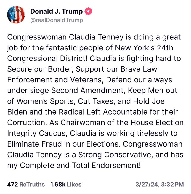 claudiatenney's tweet image. 🚨I am honored to earn once again the endorsement of President Donald J. Trump. I fought alongside President Trump to secure the border, cut taxes, support our military and fully fund our police. President Trump is a true champion for the people of New York’s 24th district and I…