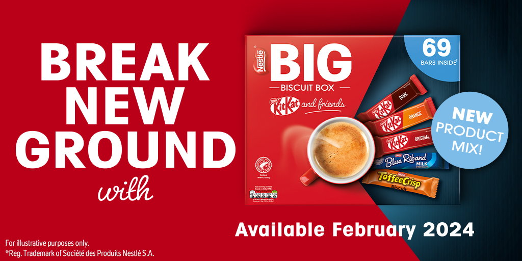 Break New Ground with the NEW KitKat® and Friends Big Biscuit Box! Includes 69 individually wrapped bars from KitKat®, Blue Riband® & Toffee Crisp®. 🍫 Order here: creedfoodservice.co.uk/374990-nestle-…