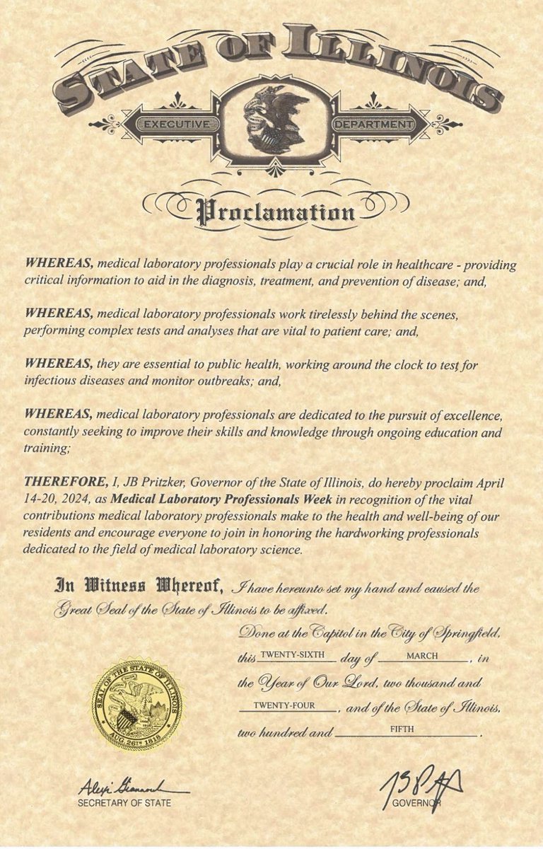 Illinois has received the proclamation from @GovPritzker that April 14-20, 2024 is Medical Laboratory Professionals Week!