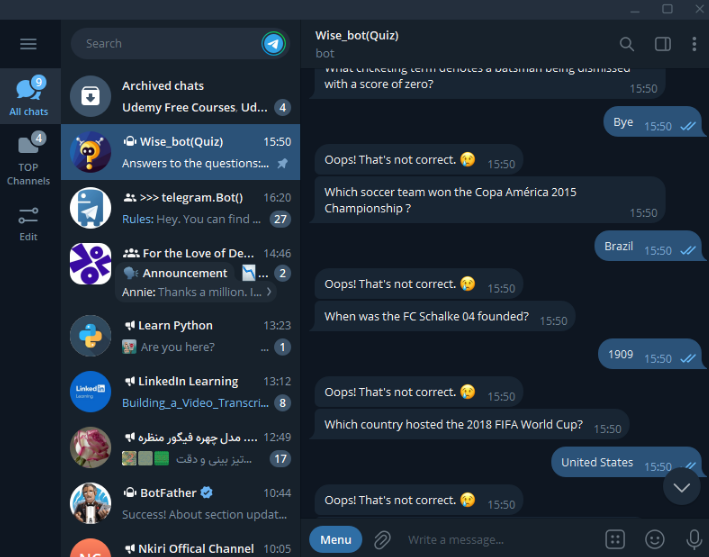 0xwisemanumanah's tweet photo. #DAY_09
I had to get my hands on something spooky.
I created my own bot and what it does is very simple. 
I call this bot Wise_bot(Quiz) 🥳🎉🎇
You can test your knowledge in various topics and subjects of your interest.
#ALX_SE
#100daysofALXSE
#DoHardThings
#100DaysOfCode https://t.co/HIq02LpGwX