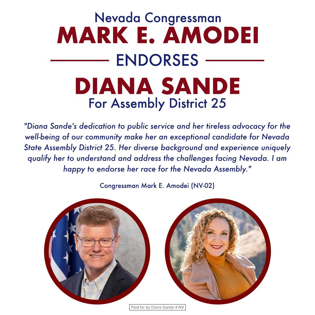 I am honored to have the support of our Congressman @AmodeiForNevada! I look forward to working diligently for all Nevadans #Sande4NV
