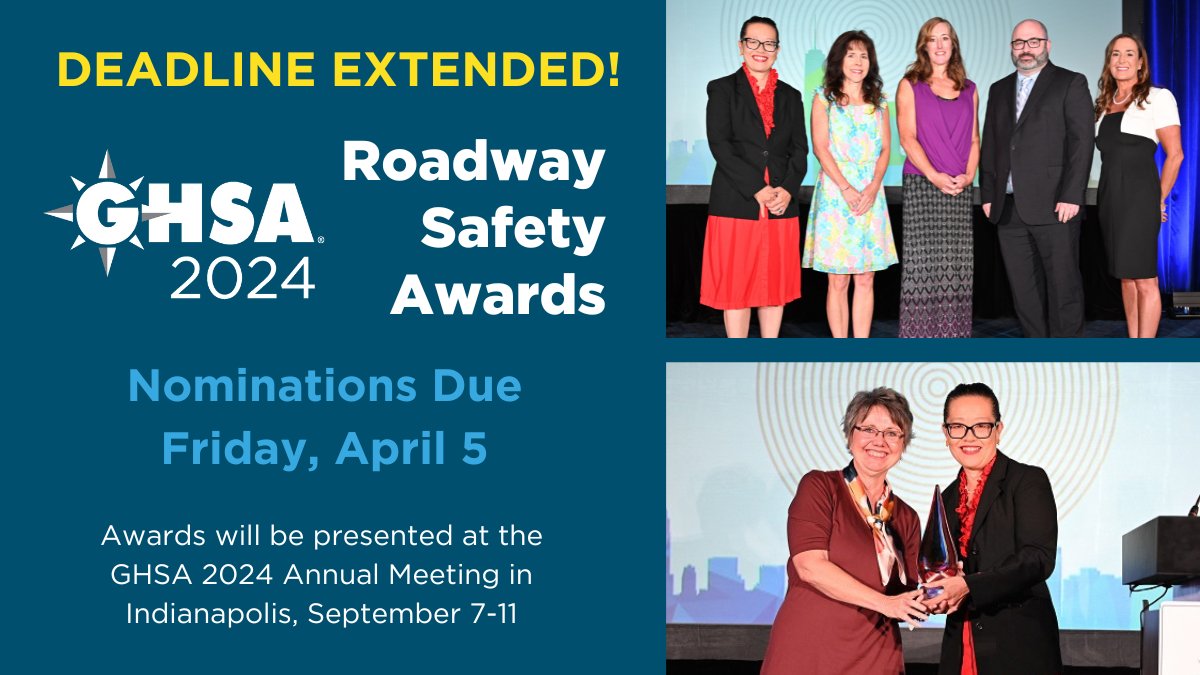 🚨 DEADLINE EXTENDED! 🚨 Do you know great people and programs that deserve recognition for making roads safer? Help us honor them! Submit a 2024 Roadway Safety Award nomination by the new deadline of Friday, April 5: ghsa.org/about/safety-a…. #GHSA2024 @NRSForg @goFAAR