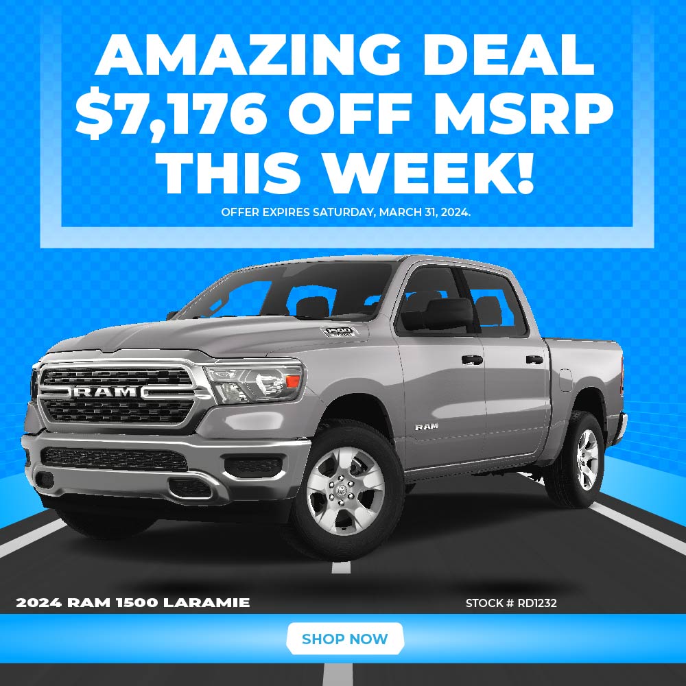 AMAZING DEAL! $7,176 OFF this 2024 Ram 1500 Laramie this week! Shop now!