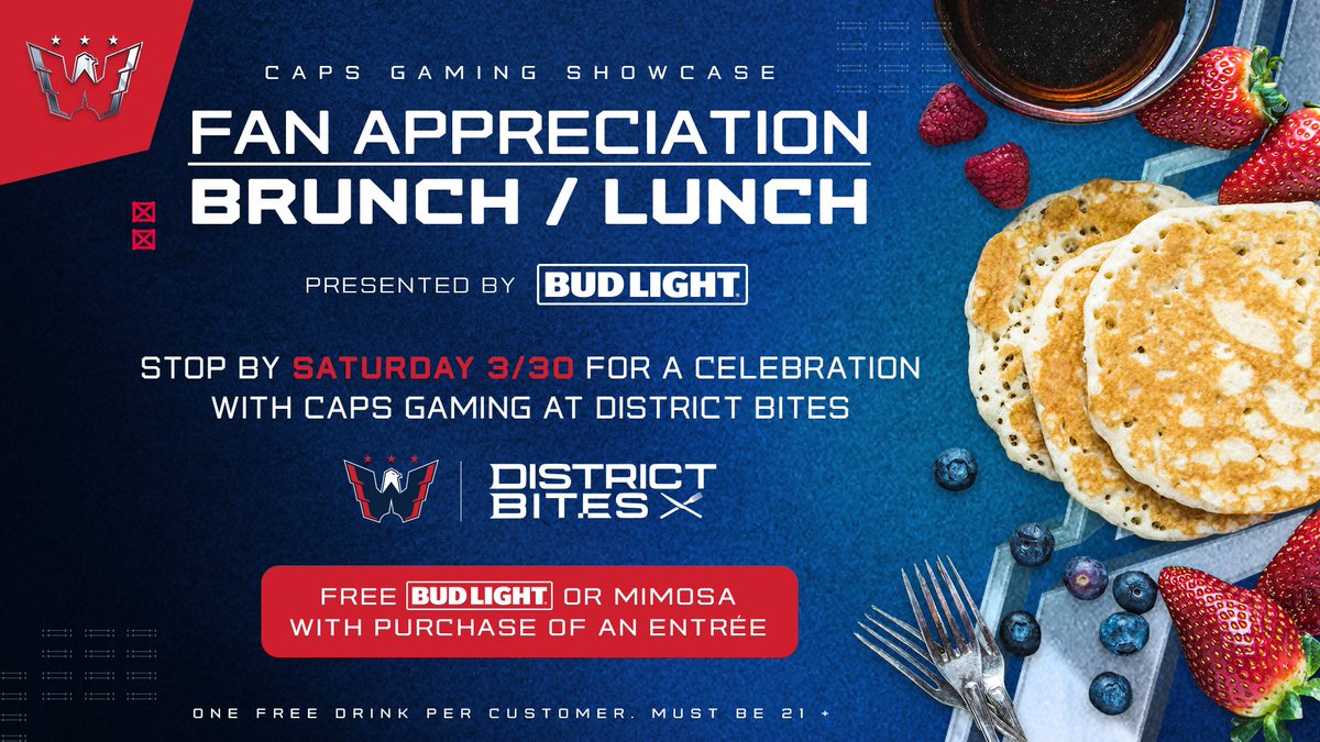 We just wanted to say... THANK YOU! 🙏 Stop by @districtbitesdc this Saturday from 10AM - 3:30PM for a special Caps Gaming Fan Appreciation Brunch Presented by @budlight where you can get a free bud light or mimosa with every purchase. #ALLCAPS