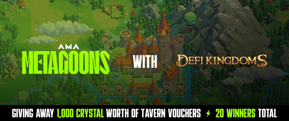 MetaGoons's tweet image. We're running an AMA with @DeFiKingdoms! 🔺🌿

Join our discord at 2PM PST this Friday (3/29) link in bio

1K Crystal Worth Of Tavern Vouchers Giveaway!
10 winners on X &amp;amp; 10 on Discord during the AMA 

✅ Follow @MetaGoons &amp;amp; @DeFiKingdoms
👥 Tag 3 Friends
🔁 RT &amp;amp; LIKE