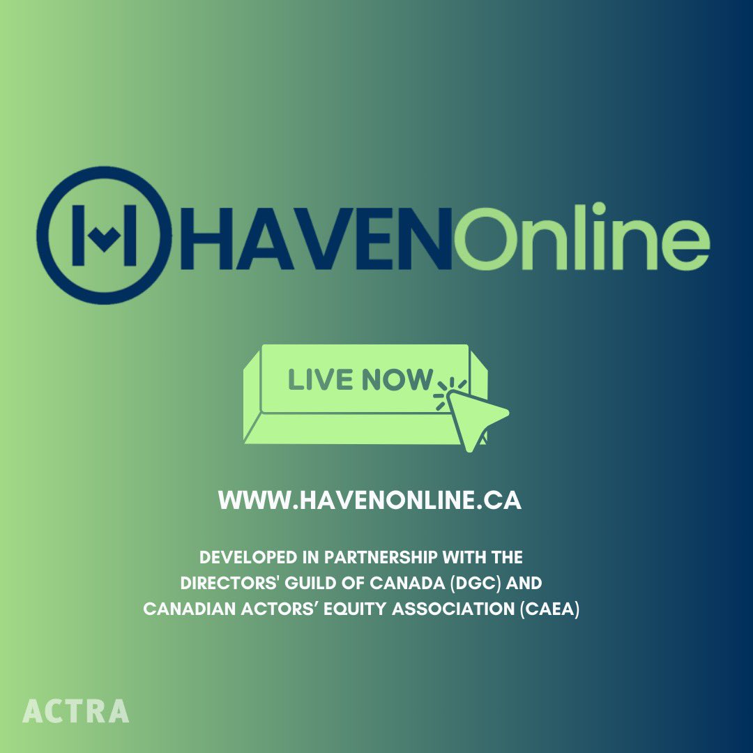 Introducing HAVEN Online: A new online incident reporting system and information about access to counselling! Developed with @DGCTalent and @CdnActorsEquity to offer members a new, user-friendly way to report workplace harassment. For details, visit havenonline.ca.