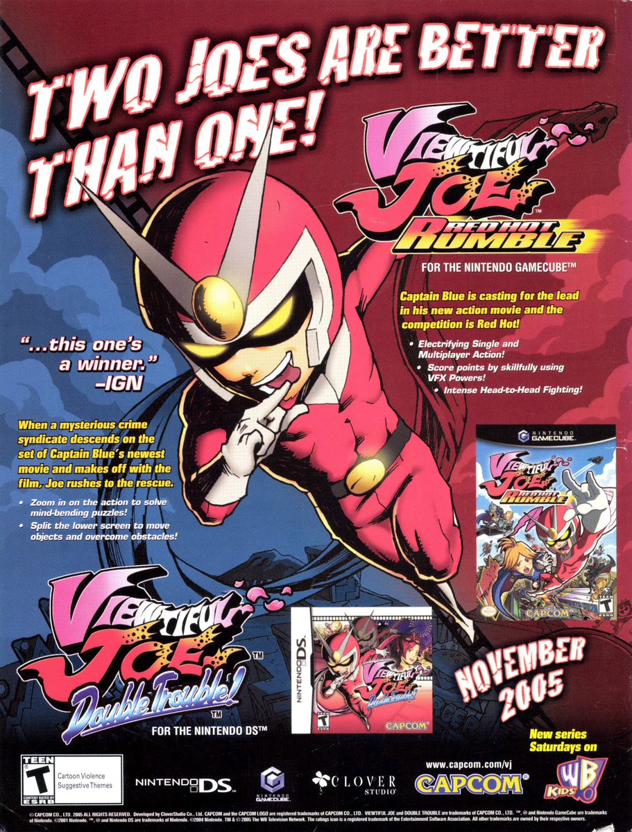 This 2005 U.S. print ad showcases two later Viewtiful Joe games - for the DS and Gamecube - the latter of which has Super Smash Bros-style gameplay, intriguingly. [Ad scan via the VGHF Library.]