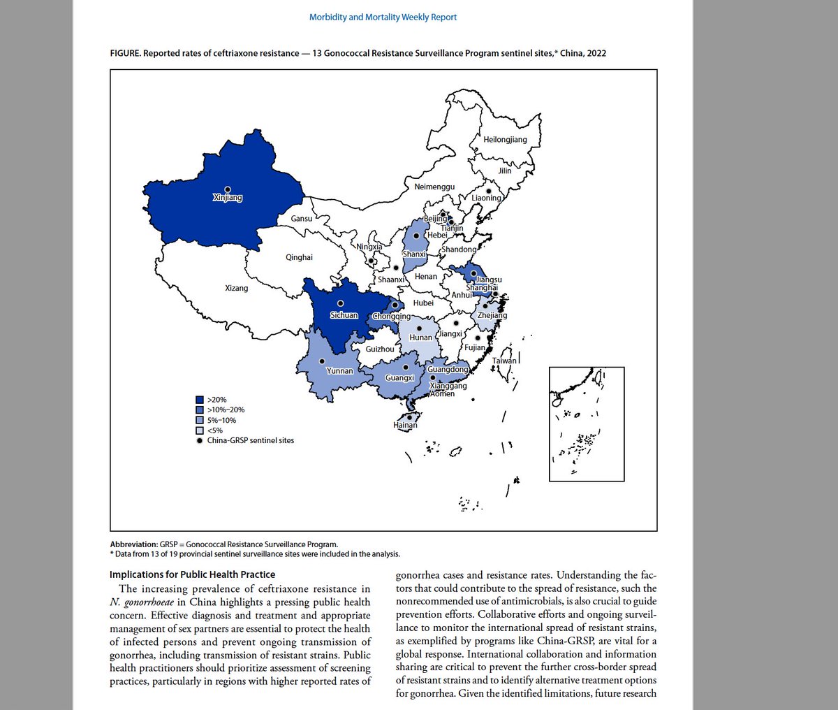 Breaking: CDC reports that the prevalence in China of resistance in strains of gonorrhea to ceftriaxone, part of the only recommended regimen against the STI, tripled from 2017-2022, from 2.9% to 8.1%--an 'extremely high' rate compared with other nations. bit.ly/mm7312a5