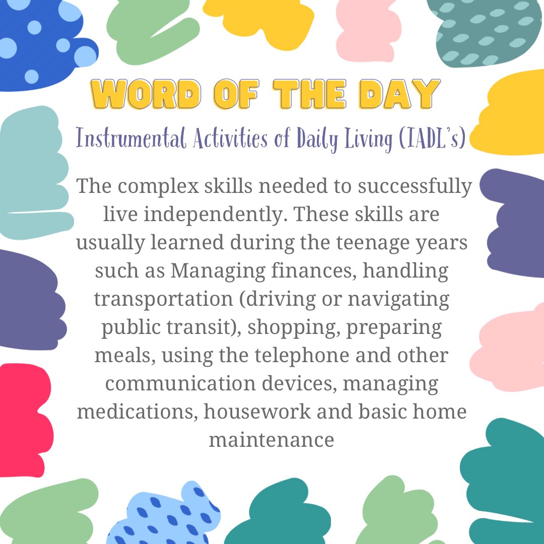 We all heard about ADL’s but what is iADL’s ? 
#instrumentalADLs #iADLs #Lifeskils #OTTerminology #FunctionalSkills What iADL’s can you think of?
