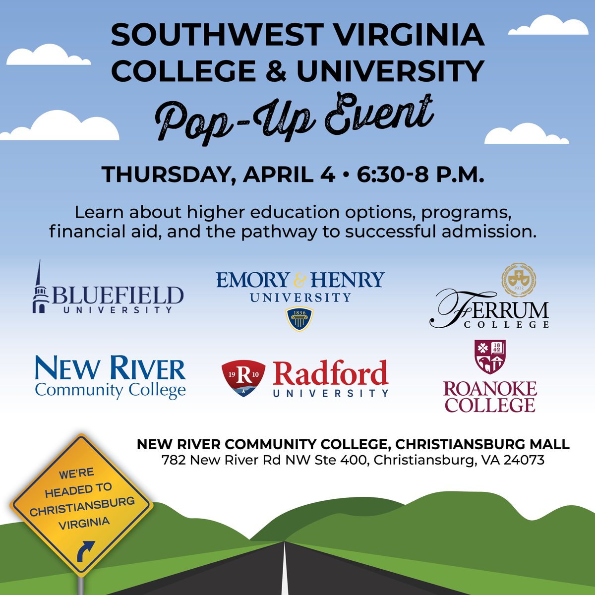 #emoryandhenry is proud to participate in the Southwest Virginia College & University Pop-Up Event in Christiansburg, Va., on Thursday, April 4, from 6:30-8 p.m. at the New River Community College Christiansburg mall location. Sign up at ehc.edu/swvapopup.