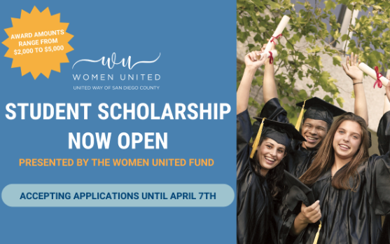 @UnitedWaySD is offering #scholarships to high school seniors!! 🎓

All graduating high school seniors in #SanDiegoCounty with plans to attend a #communitycollege, #university, or #vocationalschool after graduation are eligible to apply. Award amounts range from $2,000 to $5,000.