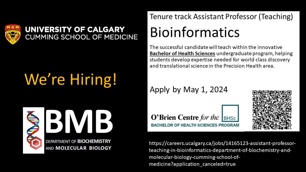 My department is currently soliciting applications for a new tenure track Bioinformatics position in the teaching stream! Calgary is a wonderful place to live and work. Please pass it on <a href="/BionetCanada/">BioNet</a> <a href="/SAGSC_genome/">Southern Alberta Genome Sciences Centre (SAGSC)</a> <a href="/UCalgary/">U Calgary</a>