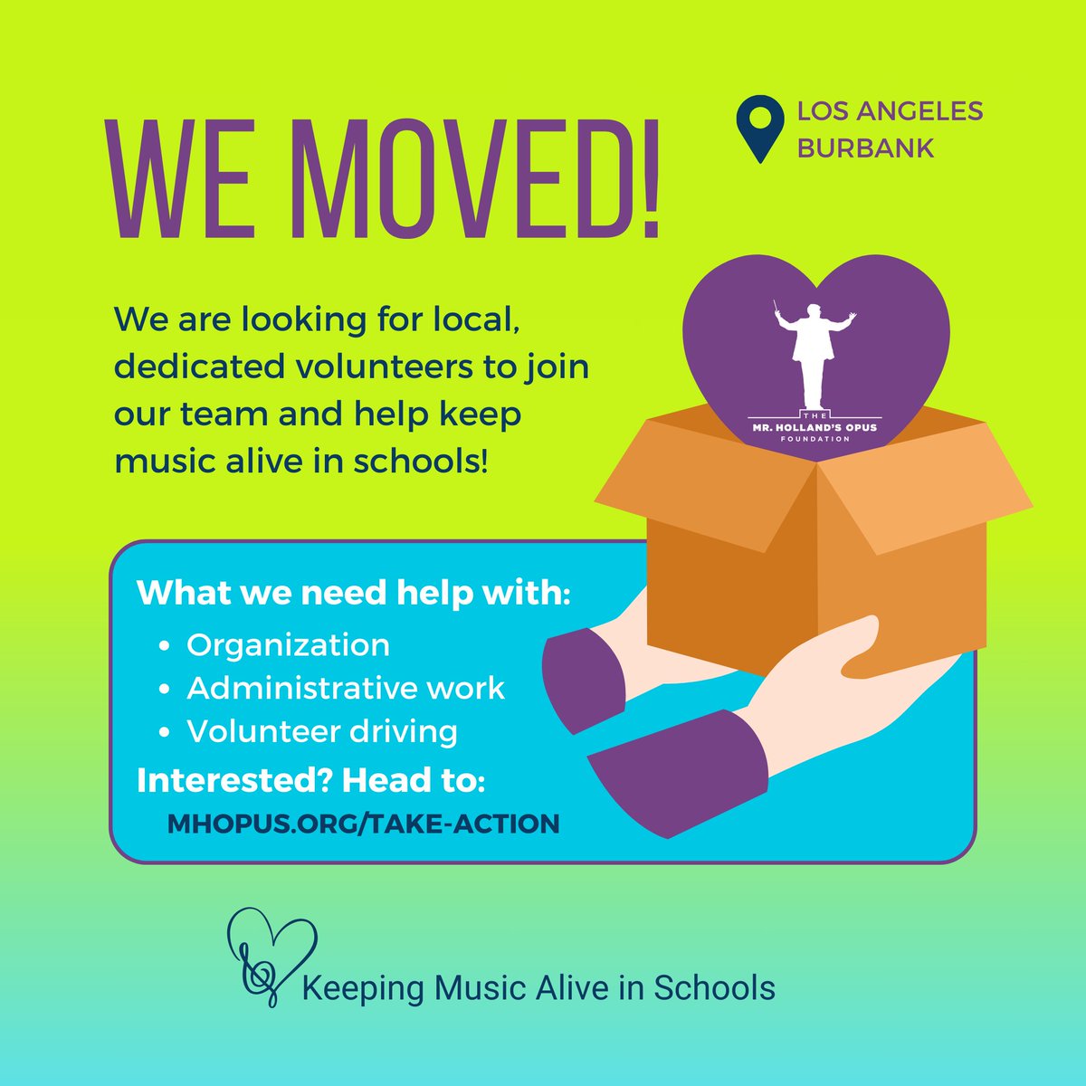 Volunteers needed – We moved to Burbank this year! Join our team and make a difference. Sign up at mhopus.org/take-action #volunteer #burbank #losangeles #musiceducation #mhof #mhopus