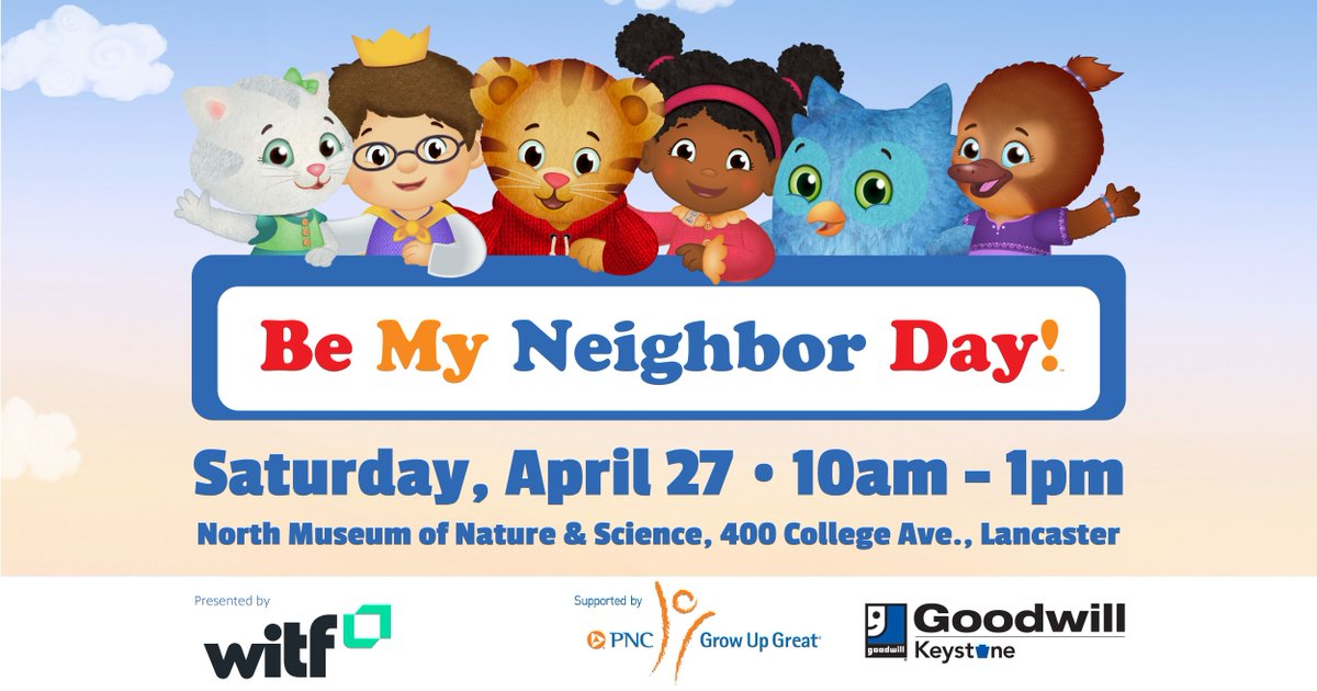 Join WITF on Saturday, April 27 from 10am – 1pm for Be My Neighbor Day at the North Museum of Nature and Science! 

There will be lots of space to explore, play and learn – and you can meet Daniel Tiger! 💌 Sign up at buff.ly/3x9ldRj.