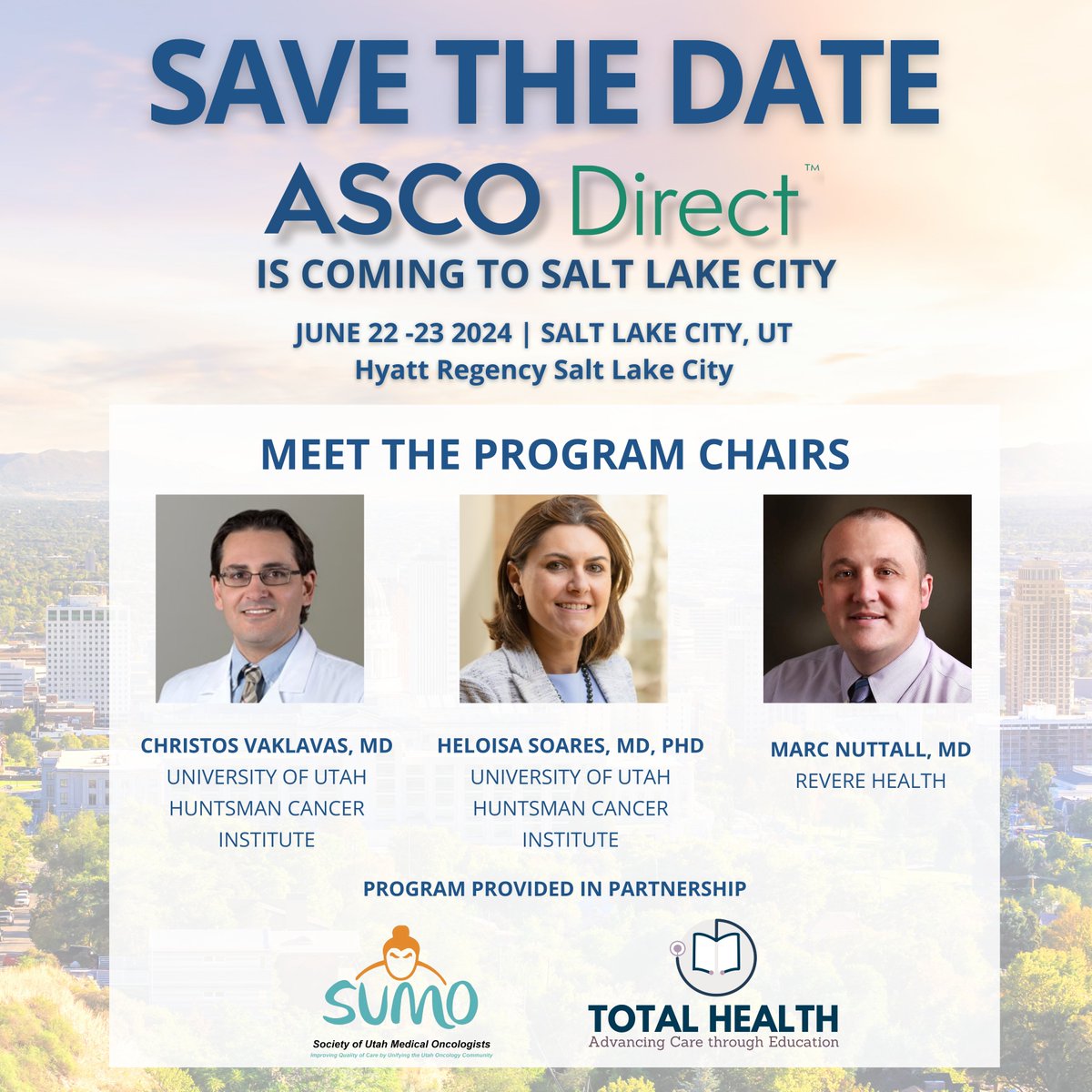 Save the date! ASCO Direct is coming to Salt Lake City on Saturday and Sunday, June 22 and June 23, 2024! Total Health is partnering with the Society of Utah Medical Oncologists to bring you the latest from #ASCO24 👉 Register now! totalhealthoncology.com/ascosaltlakeci…