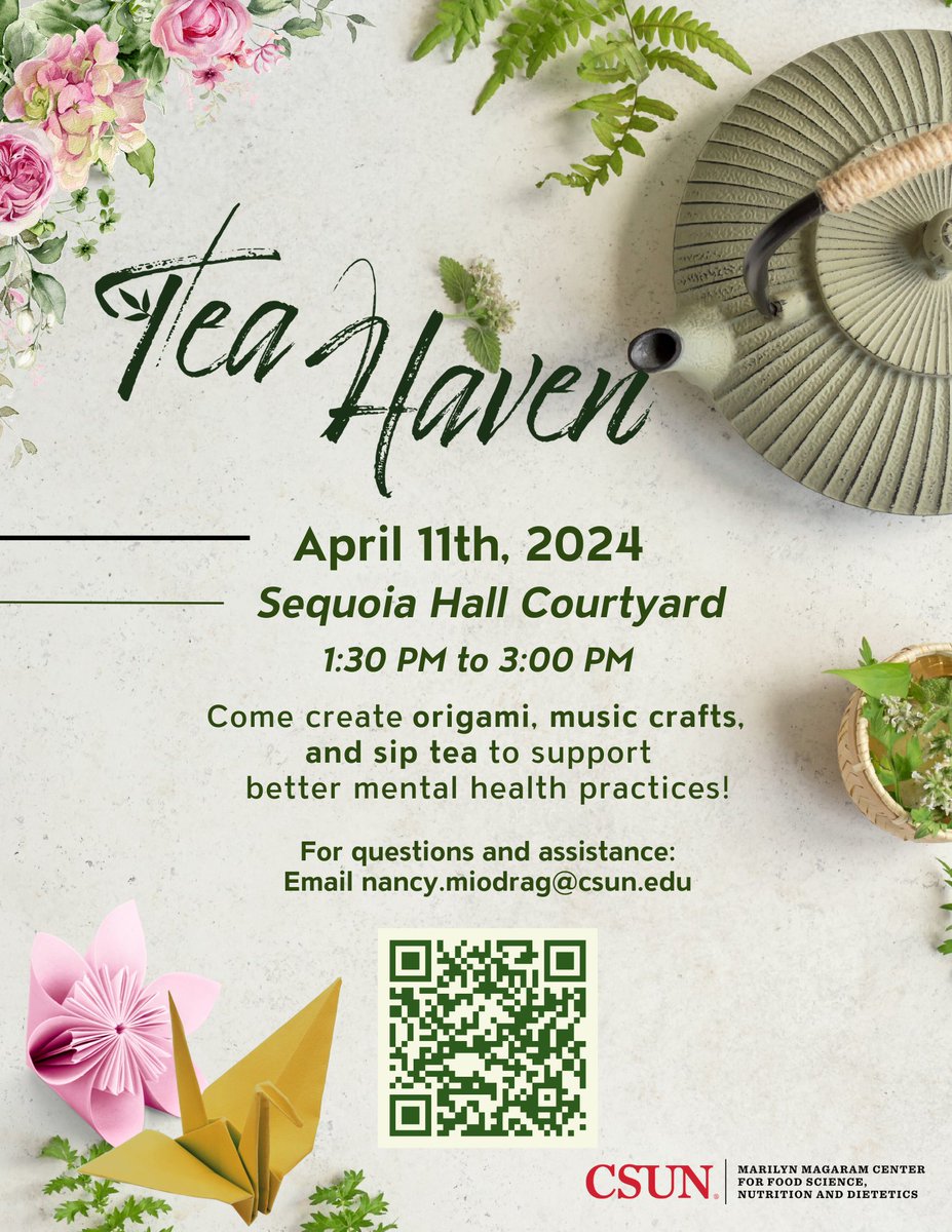 Need a break from the semester stress? Join us at our upcoming Tea Haven Workshop! Learn how to create origami and music crafts! Bring your friends along to create art and enjoy tea together!
To sign up scan the QR Code or click the link our bio!