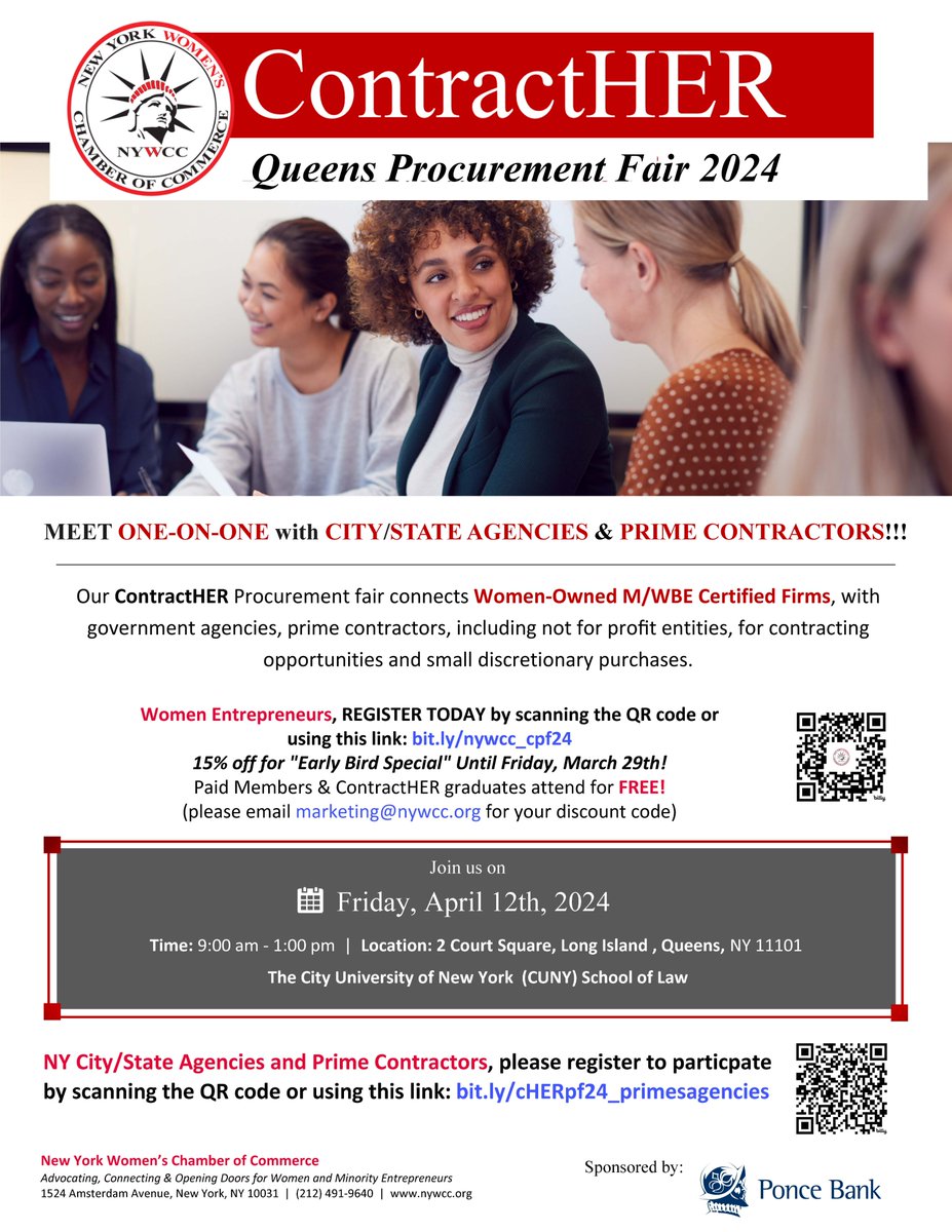 MEET ONE-ON-ONE with CITY/STATE AGENCIES & PRIME CONTRACTORS!!! At our 2024 ContractHER Procurement fair in Queens, NY! Friday, April 12th at 9am at CUNY School of Law. Check out the flyer for details about discounts for members & more! RSVP here: bit.ly/nywcc_cpf24