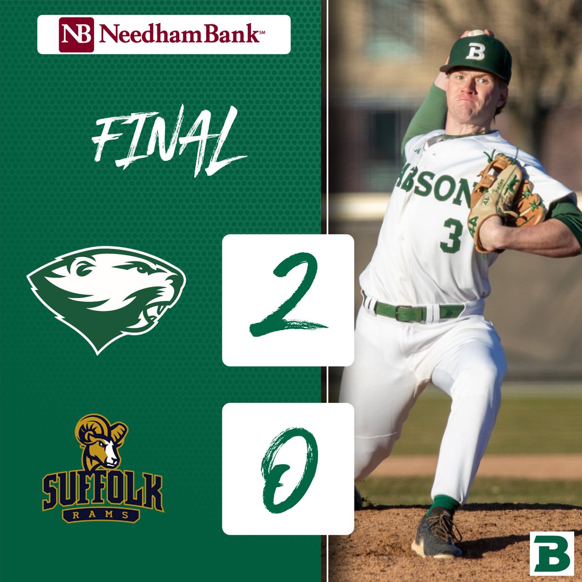 Ryan Hvozdovic drove in a run in the 2nd inning and the quartet of Luke McClintock, Matt Milone, Zach Magee and Zander Teator combined for a one-hit shutout as @BabsonBaseball defeated @gosuffolkrams, 2-0, on Wednesday for its fourth straight win. #GoBabo #d3baseball