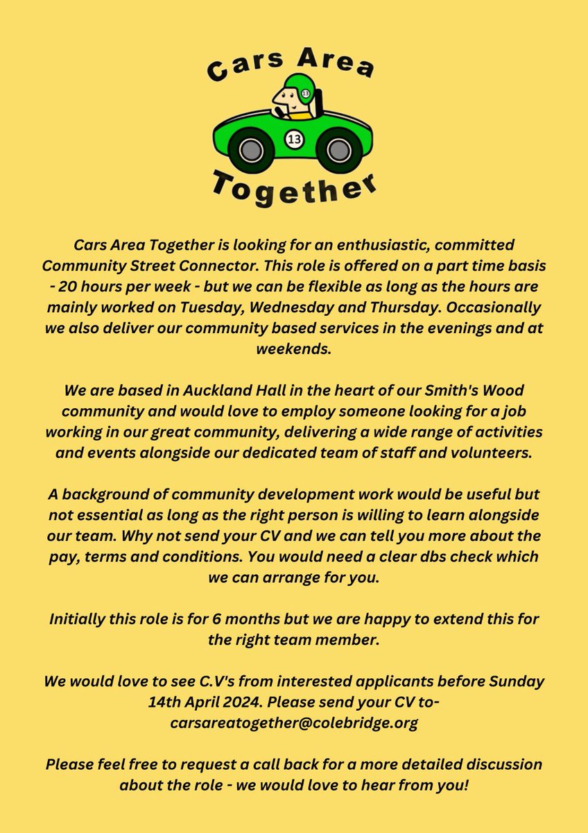 Cars Area Together are recruiting for the role of Community Street Connector