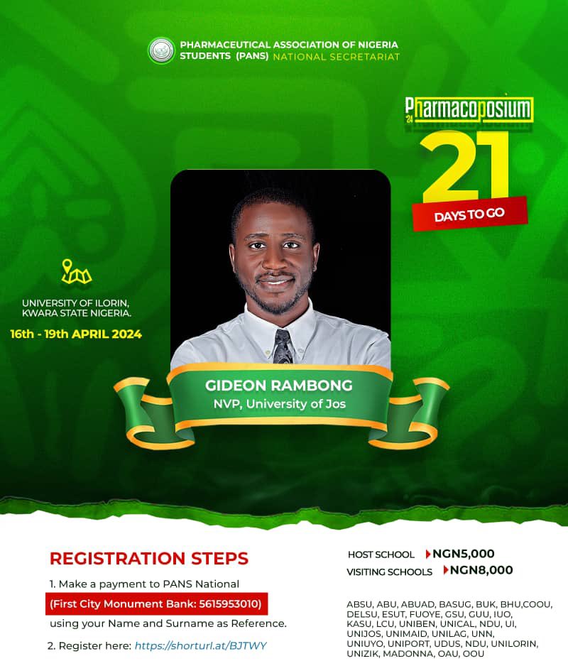 21 DAYS TO GO✈️✈️

COMR. GIDEON RAMBONG (NVP, PANS UNIJOS) welcomes all PANSITES in anticipation to #PHARMACOPOSIUM_ILORIN2024🫵❤‍🩹

Registration link: shorturl.at/BJTWY
WhatsApp group for Interested Delegates: 
chat.whatsapp.com/LvCy8AFaVNdKHj…