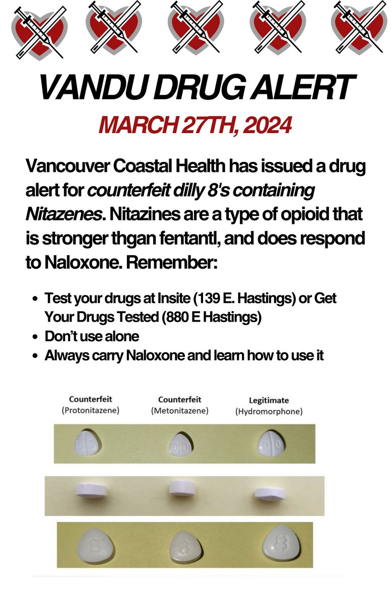 The BC Association of People on Opiate Maintenance (BCAPOM) is currently holdings its weekly meeting, where members (many of whom have been cut off prescribed safe supply) are warning one another about counterfeit Dilaudid. Test your drugs. Don't use alone. Carry naloxone.