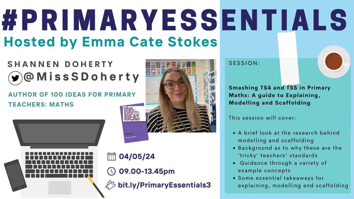 I can’t wait for #PrimaryEssentials in May! I’ll be delivering a session on mastering TS4 and TS5 in maths and there’ll be sessions on spelling, history, art and more. Get tickets here bit.ly/PrimaryEssenti…