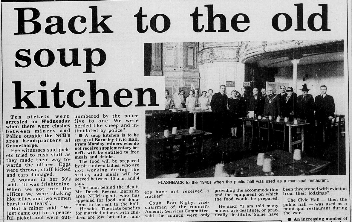 #FlashbackFriday 'Back to the old soup kitchen' was the front page headline in the Barnsley Chronicle this week in 1984 The photo shows the soup kitchen at the Civic Hall in WW2. Did you go to the soup kitchen during the Miners' Strike? @BarnsleyCivic @EldonHaz @Miners_Strike