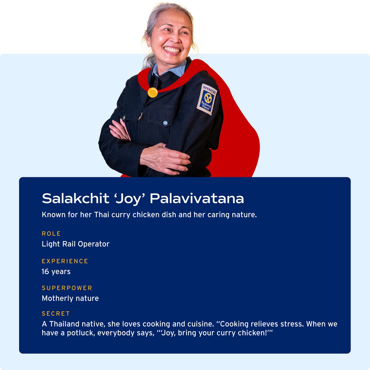 Today, we shine the spotlight on 'Joy,' one of our remarkable SacRT Transit Heroes. Salakchit 'Joy' Palavivatana has been a Light Rail Operator for SacRT for an impressive 16 years. Discover more captivating tales at sacrt.com/transithero. #SacRTTransitHero