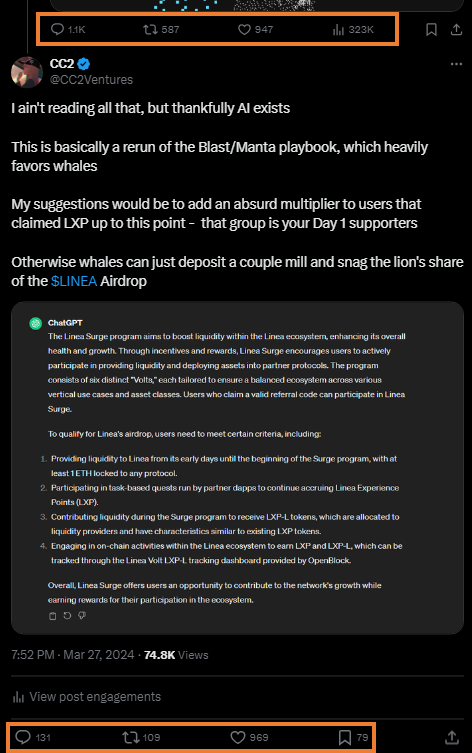 CC2Ventures's tweet photo. We've done it again

Officially ratio'd a prestige L2 ETH solution, backed by $727M worth of VC funds, backed by @Consensys and @MetaMask 

I unironically love y'all LMAO

But the job's not finished - now we actually need @LineaBuild to heed the call and listen to their COMMUNITY, the day-one supporters when #BTC was sitting at $27K and when the future of Crypto was all but certain.

HEAVILY REWARD EARLY ADOPTERS, INCLUDING

▫️ Testnet Participants
▫️ On-Chainers that pushed txs and provided liquidity pre-EIP 4844, back when it was costing an arm and a leg to transact on @LineaBuild 
▫️ Linea Voyage Participants and LXP holders - take a snapshot today - add an ABSURD multiplier

I'm all for whales that provide liquidity and contribute to a massive amount of TVL, boosting metrics that are appreciated by VCs and institutions, BUT

→ Make sure to extraordinarily honor the OGs: those who stuck with you through thick and thin during the bootstrapping process, stress-testing your pre-launch chain.

The ones who liked, retweeted, and engaged with all your content, and got you to 1.2M followers to begin with; pre-whale gamification

In short:

Honor early adopters.