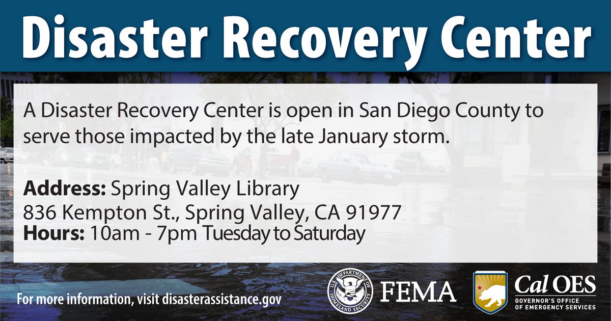 For San Diegans seeking in person help at Disaster Recovery Centers from the late January flooding, there's a new schedule! Going forward, in person assistance will be available 5 days a week, Tuesday through Saturday, from 10 a.m. to 7 p.m. Learn more: wp.me/pd8T7h-9a9