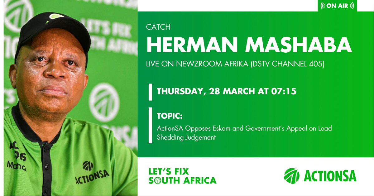 You can catch me on @NewzroomAfrikaa tomorrow morning at 07:15 speaking about @Action4SA opposing the Eskom and Government's appeal of the load shedding judgment.