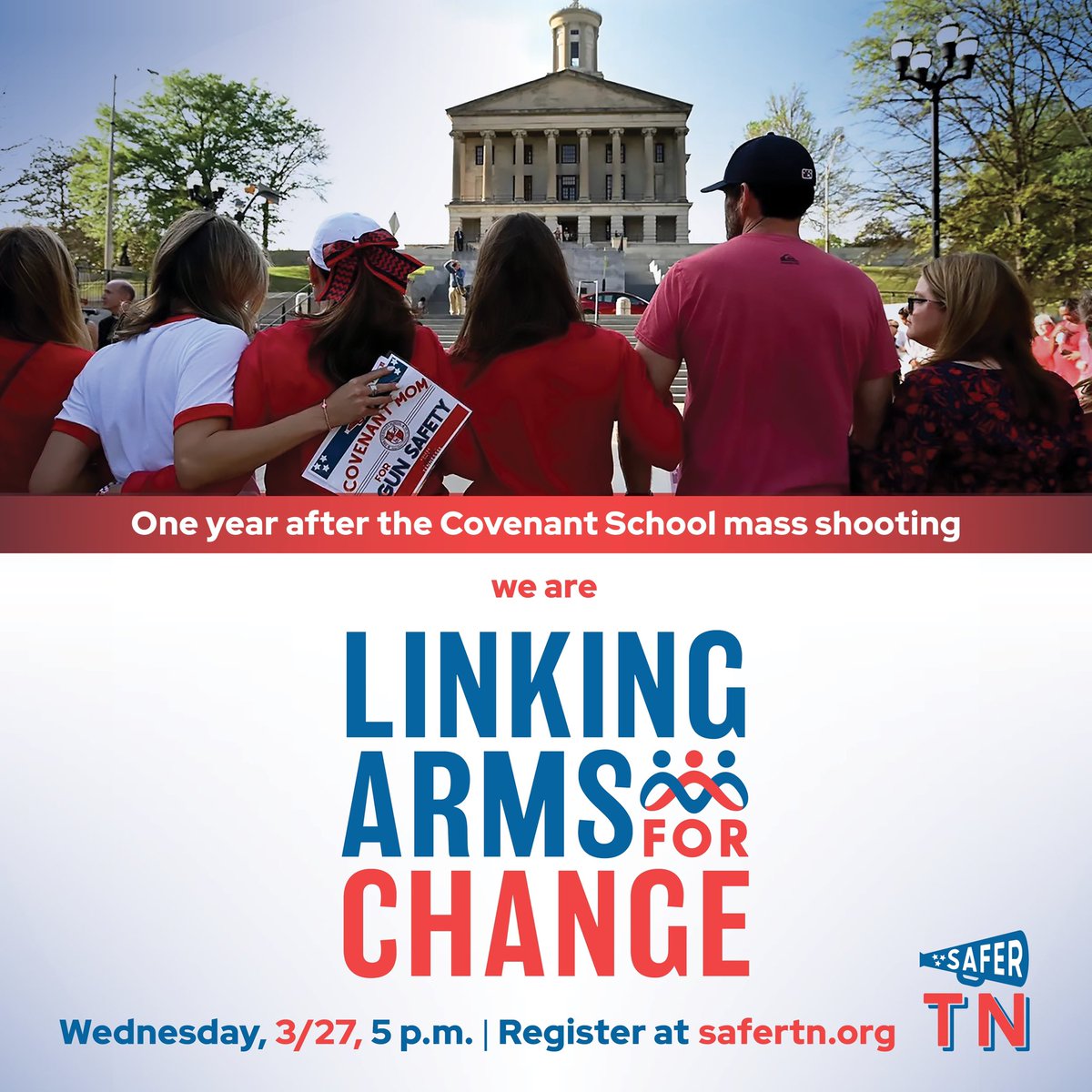 JOIN US LIVE AT 5PM for Linking Arms for Change: safertn.org/livestream Whether you are part of the human chain or joining home/work, you can honor the families of Covenant and all Tennesseans affected by firearm tragedies by joining the livestream of our program.